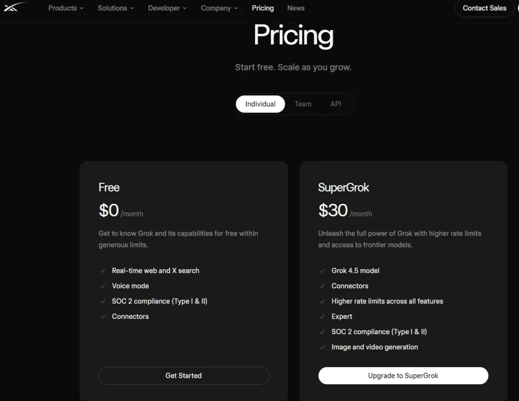 Grok pricing page showing the Free plan at $0 per month and SuperGrok at $30 per month