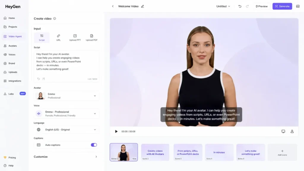 HeyGen Video Agent interface showing script, URL and deck inputs with avatar, voice, language and caption controls