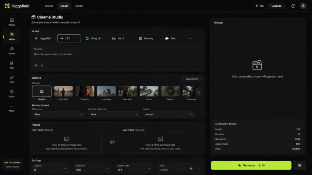 Higgsfield Cinema Studio interface showing multiple video models, camera presets, motion controls, and first-frame and last-frame inputs