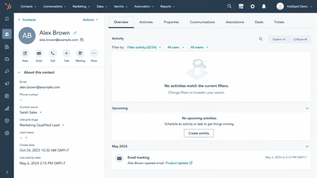 HubSpot CRM contact record showing default contact properties including Email, Contact owner, Lifecycle stage, and Create date with an activity timeline.