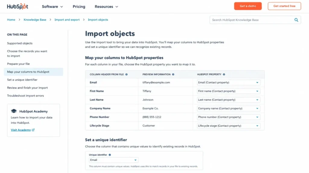 HubSpot import screen mapping spreadsheet columns to CRM properties
