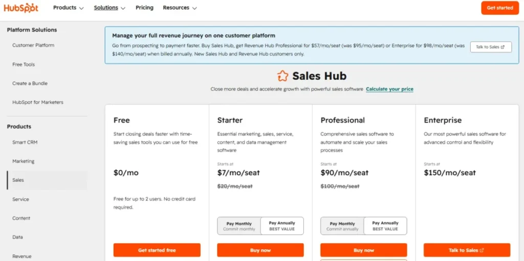 HubSpot Sales Hub pricing page showing Free, Starter, Professional, and Enterprise annual plans