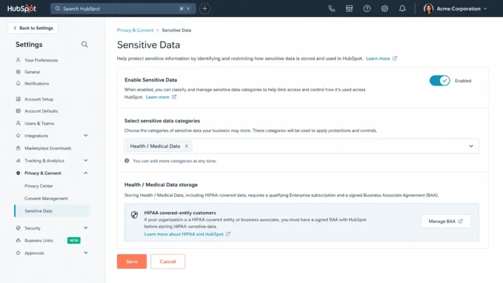 HubSpot Sensitive Data settings showing Health and Medical Data, HIPAA covered-entity option, and signed BAA requirement.