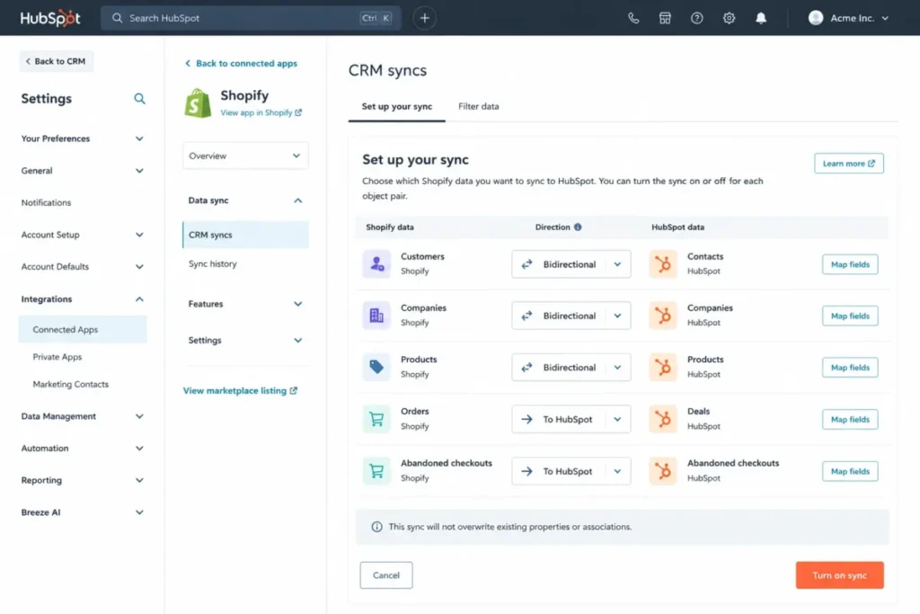HubSpot Shopify CRM sync setup showing bidirectional customer, company, and product sync, plus one-way order and abandoned-checkout sync.