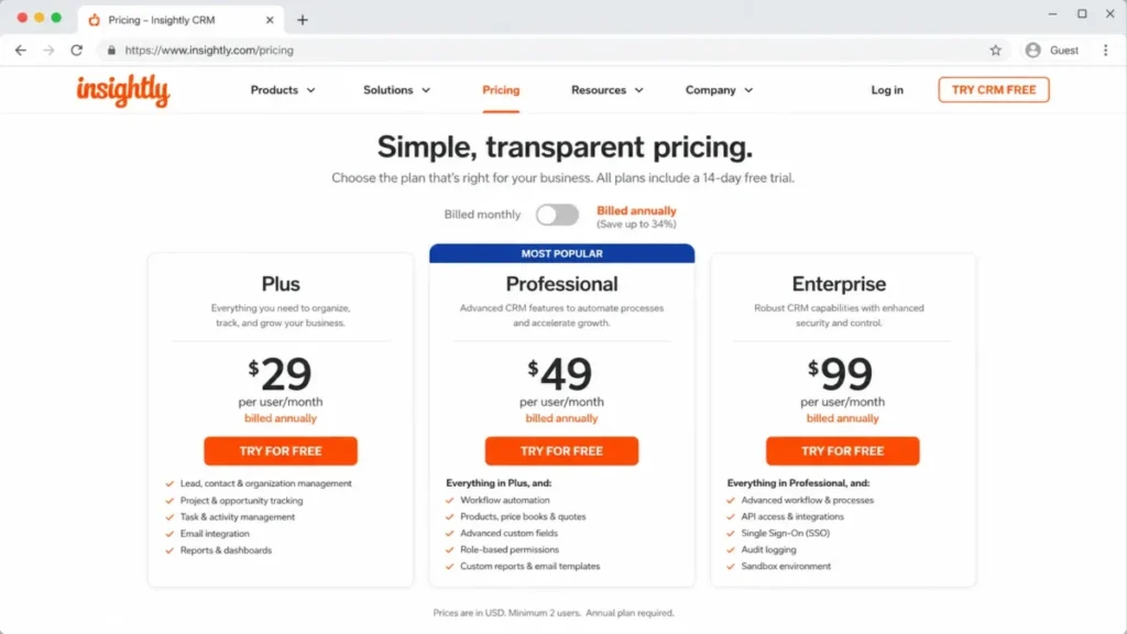 Insightly CRM pricing page showing the Plus, Professional, and Enterprise plans at $29, $49, and $99 per user per month billed annually.