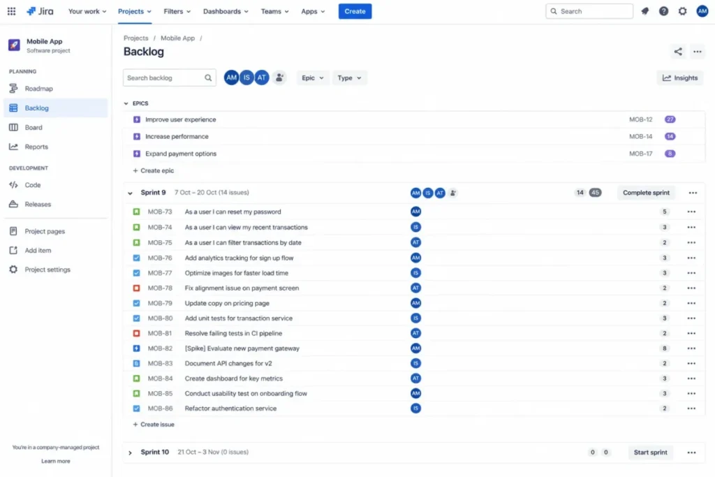 Jira Scrum backlog showing epics, an expanded active sprint, software issues, assignees, and story-point estimates