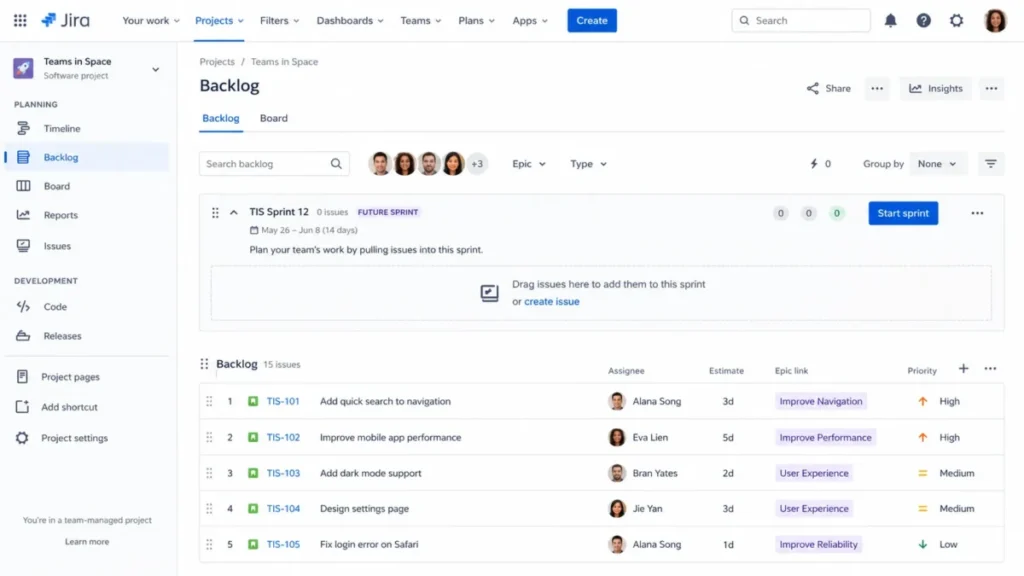 Jira Scrum backlog showing a future sprint, ranked issues, estimates, epic links, and the Start sprint button.