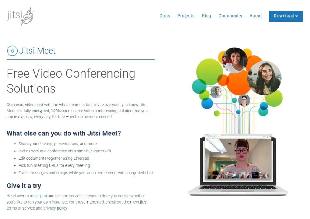 Jitsi Meet website presenting its free, encrypted, open-source video conferencing solution with browser access and no account required.