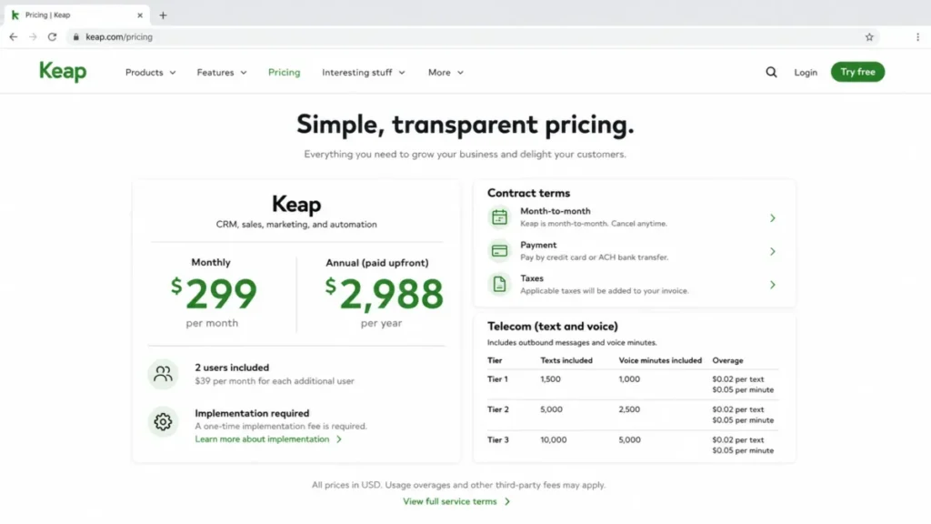 Keap pricing page showing the $299 monthly price, $2,988 annual price, two included users, required implementation, and telecom tiers.