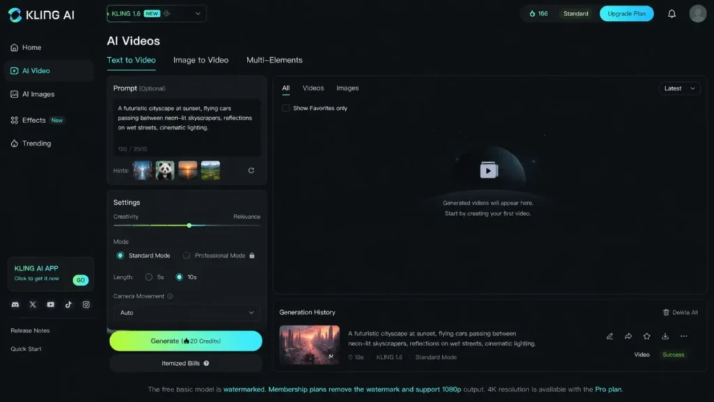 Kling AI text-to-video interface showing free-tier watermark, 1080p membership output, and 4K Pro plan gate