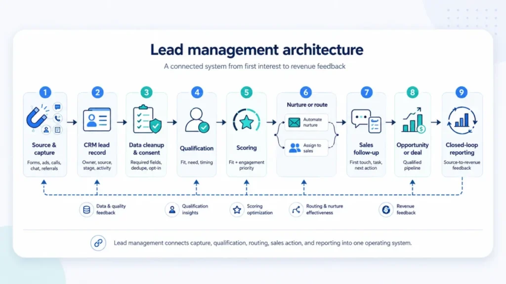 Lead management architecture diagram showing capture, CRM record, data cleanup, qualification, scoring, nurture, routing, sales follow-up, opportunity, and reporting.