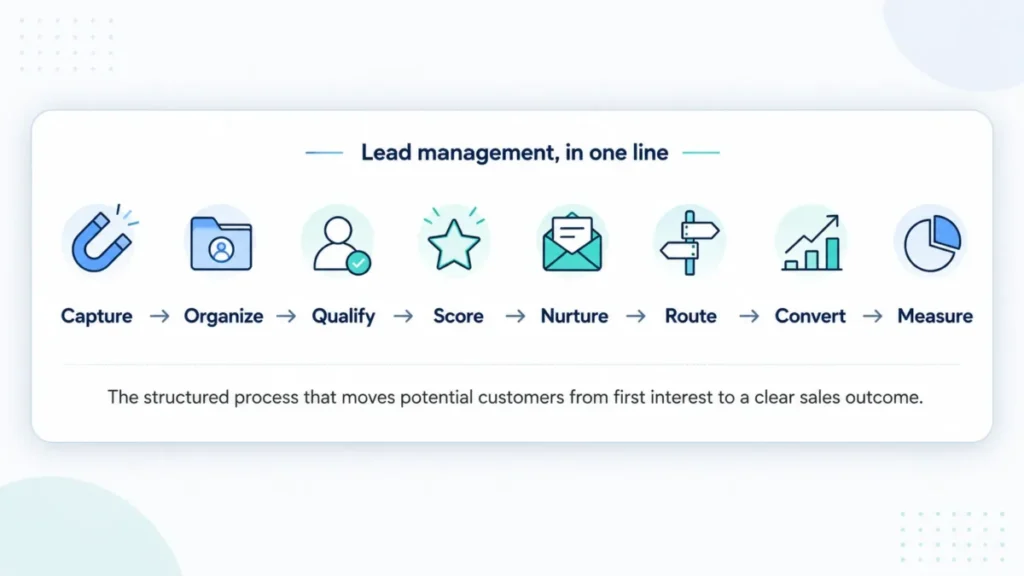 Lead management sequence showing capture, organize, qualify, score, nurture, route, convert, and measure.