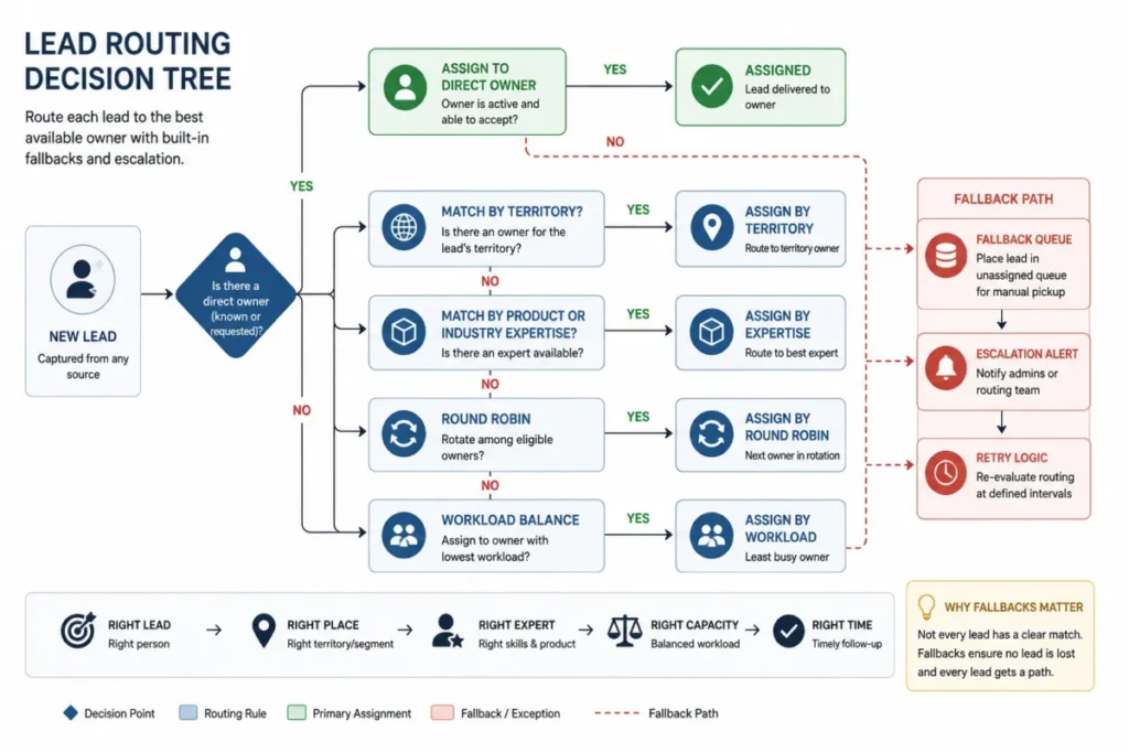 Lead routing decision tree showing direct owner, territory, product or industry expertise, round robin, workload balance, fallback queue, and escalation alert.