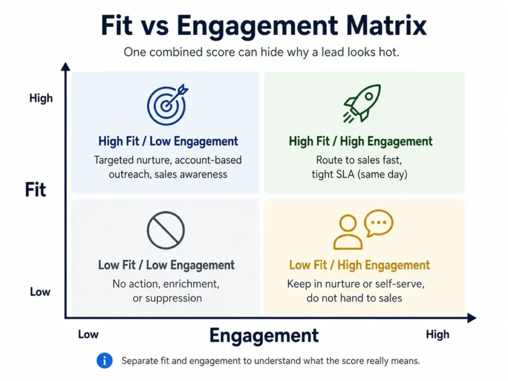 Lead scoring fit vs engagement matrix showing four lead priority actions based on fit and engagement level.