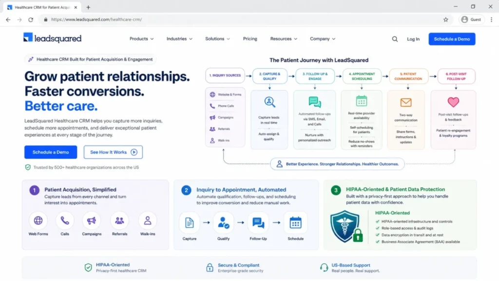 LeadSquared Healthcare CRM landing page showing patient acquisition, inquiry-to-appointment workflow, and HIPAA-oriented positioning.