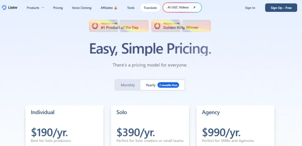 Listnr AI pricing page showing Individual, Solo, and Agency plans with yearly billing selected