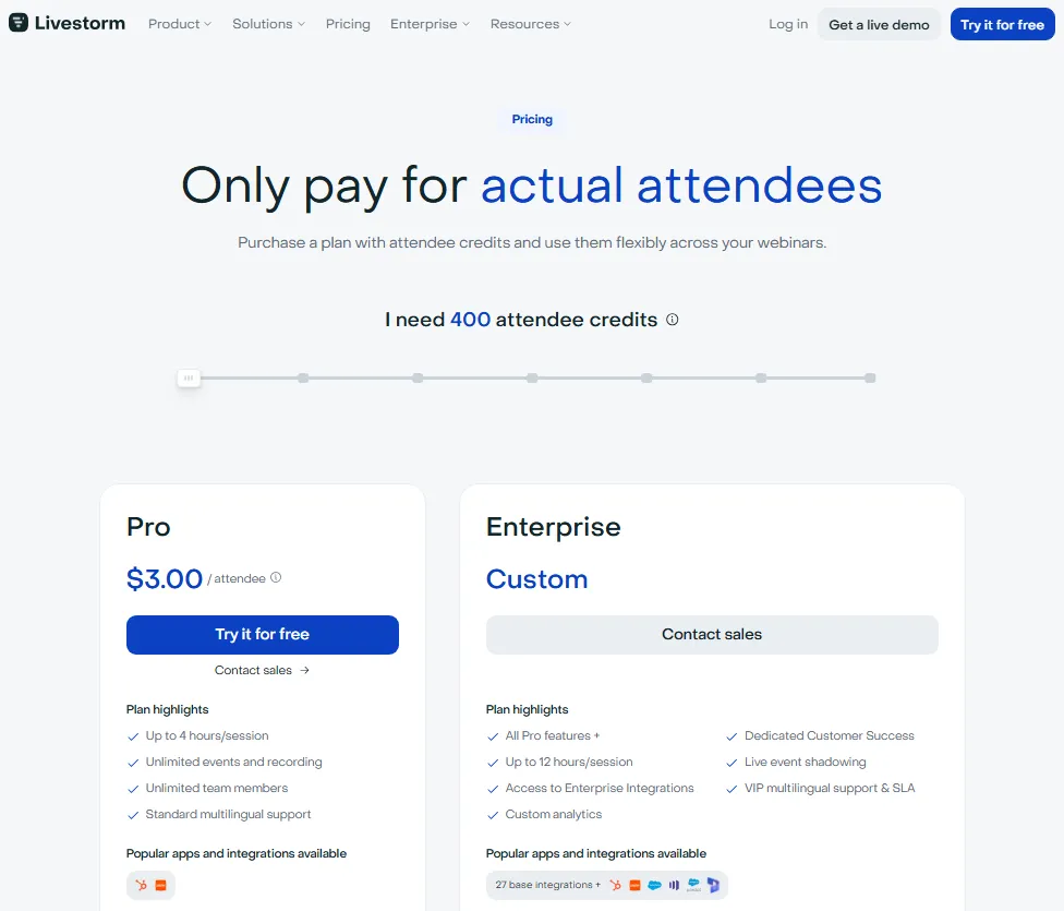Livestorm pricing page showing the Pro plan at $3 per attendee credit for 400 credits and an Enterprise plan with custom pricing.