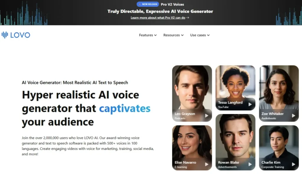 LOVO AI voice generator homepage showing sample voices for podcasts, YouTube, audiobooks, advertisements, e-learning, and corporate training