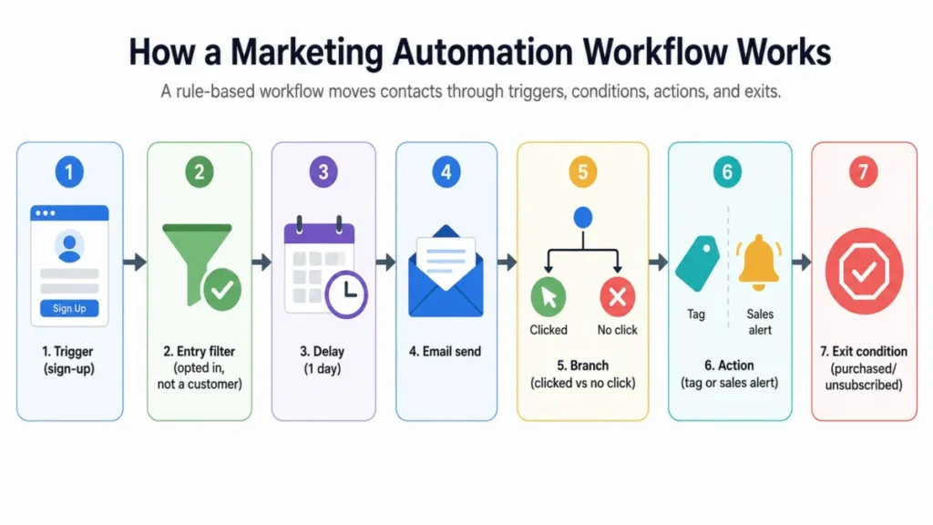 Marketing automation workflow diagram showing trigger, entry filter, delay, email send, branch, action, and exit condition steps.