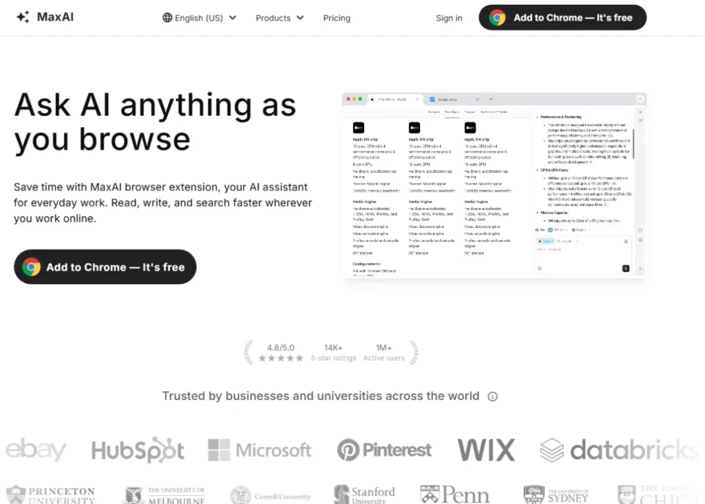 MaxAI browser extension homepage showing the Ask AI anything as you browse feature