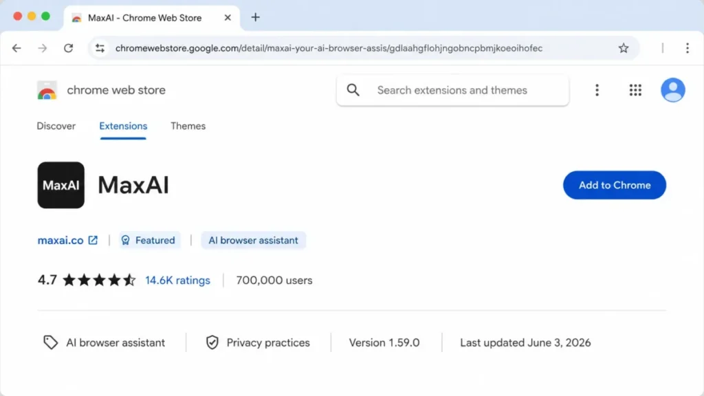MaxAI Chrome Web Store listing showing 4.7 rating, 14.6K ratings and 700,000 users