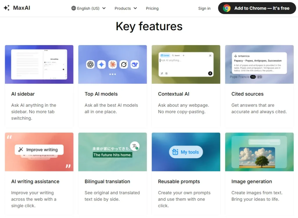 MaxAI key features including AI sidebar, top AI models, contextual AI, cited sources, writing assistance, translation, reusable prompts and image generation