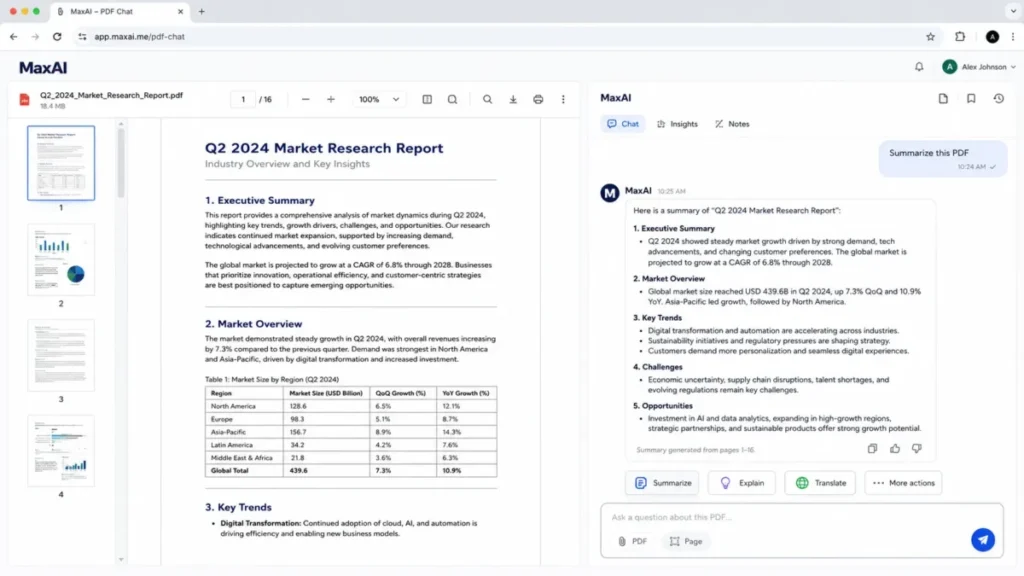 MaxAI PDF chat interface showing a PDF report on the left and an AI-generated summary panel on the right