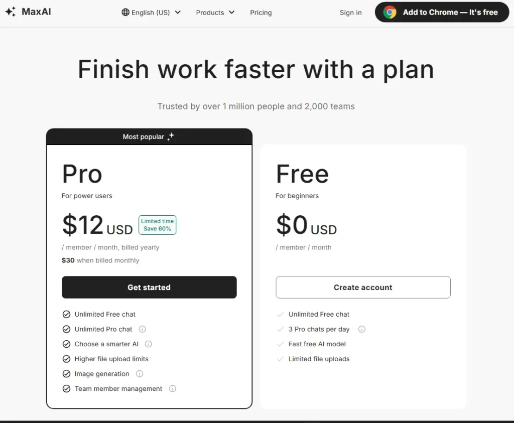 MaxAI pricing page showing Pro at $12 per member per month billed yearly and Free at $0