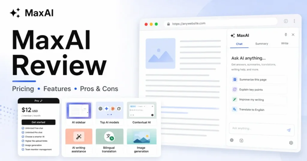 MaxAI review featured image showing pricing, key features, and the AI browser sidebar