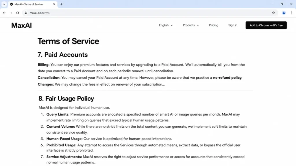 MaxAI Terms of Service page showing the Paid Accounts and Fair Usage Policy sections