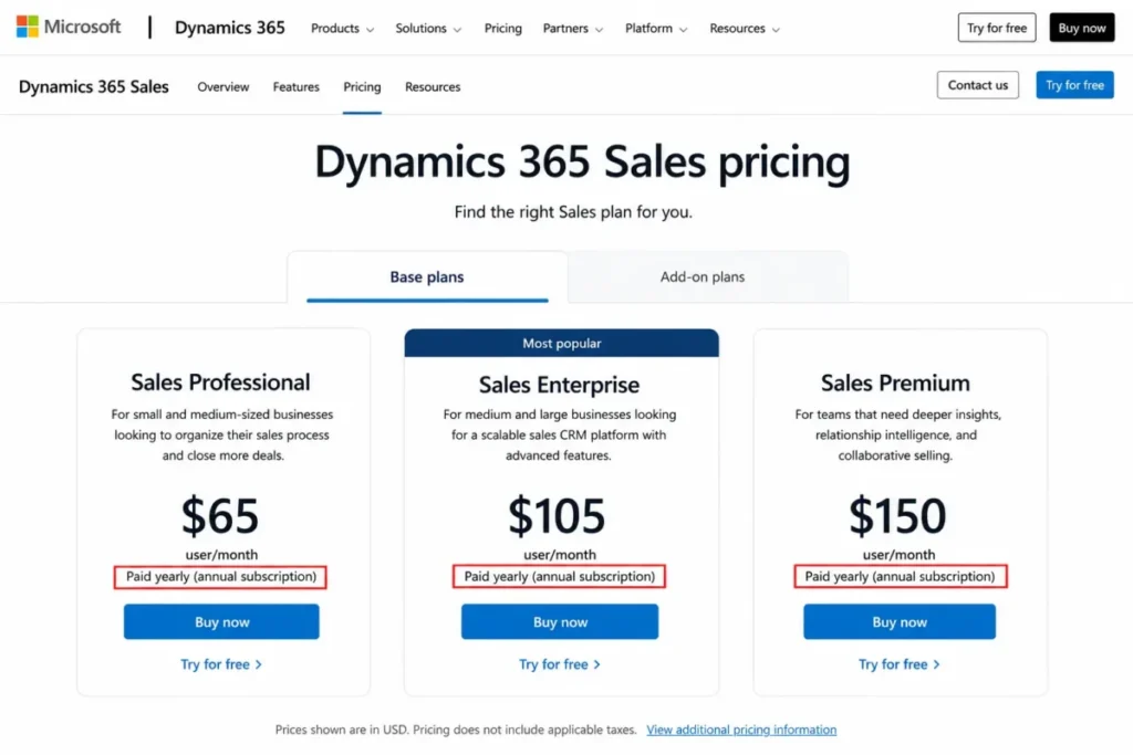 Microsoft Dynamics 365 Sales Enterprise priced at $105 per user per month, paid yearly.