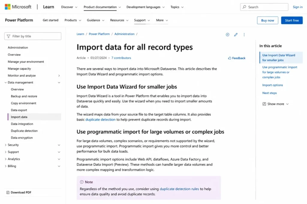 Microsoft Power Platform documentation showing Import Data Wizard and programmatic import options