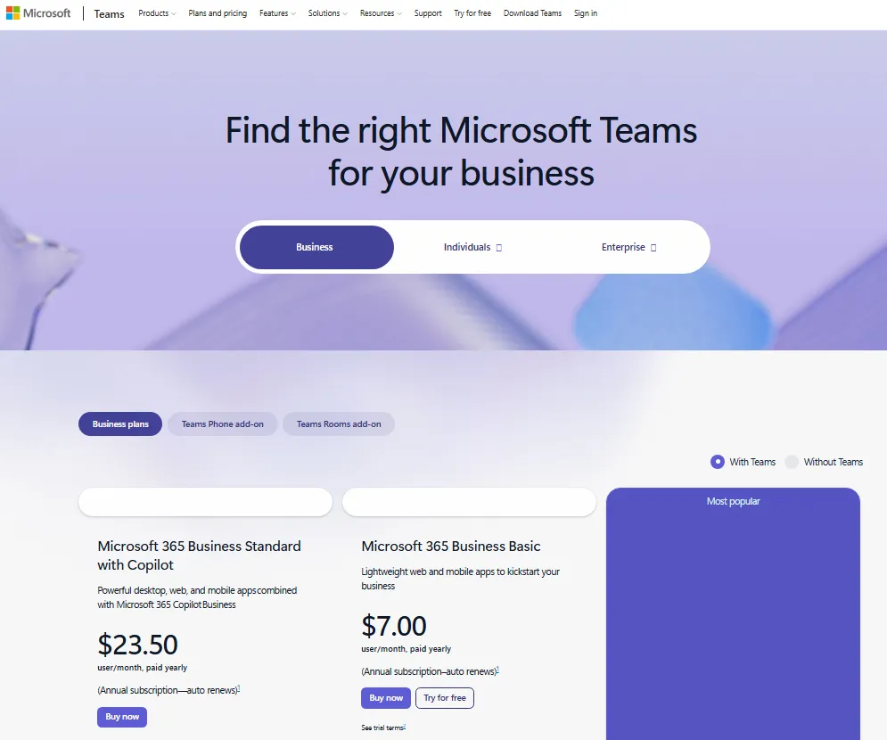 Microsoft Teams business pricing page showing Microsoft 365 Business Basic at $7.00 per user per month with Teams included