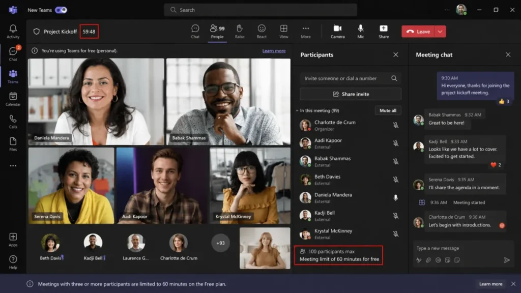 Microsoft Teams Free meeting showing 99 participants, a meeting timer near 60 minutes, and the participant and chat panels open.