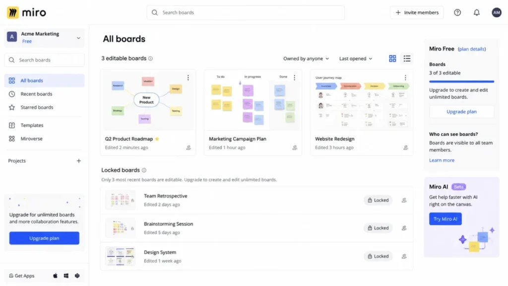 Miro Free dashboard showing three editable boards, several locked boards, and a notice that boards are visible to all team members.