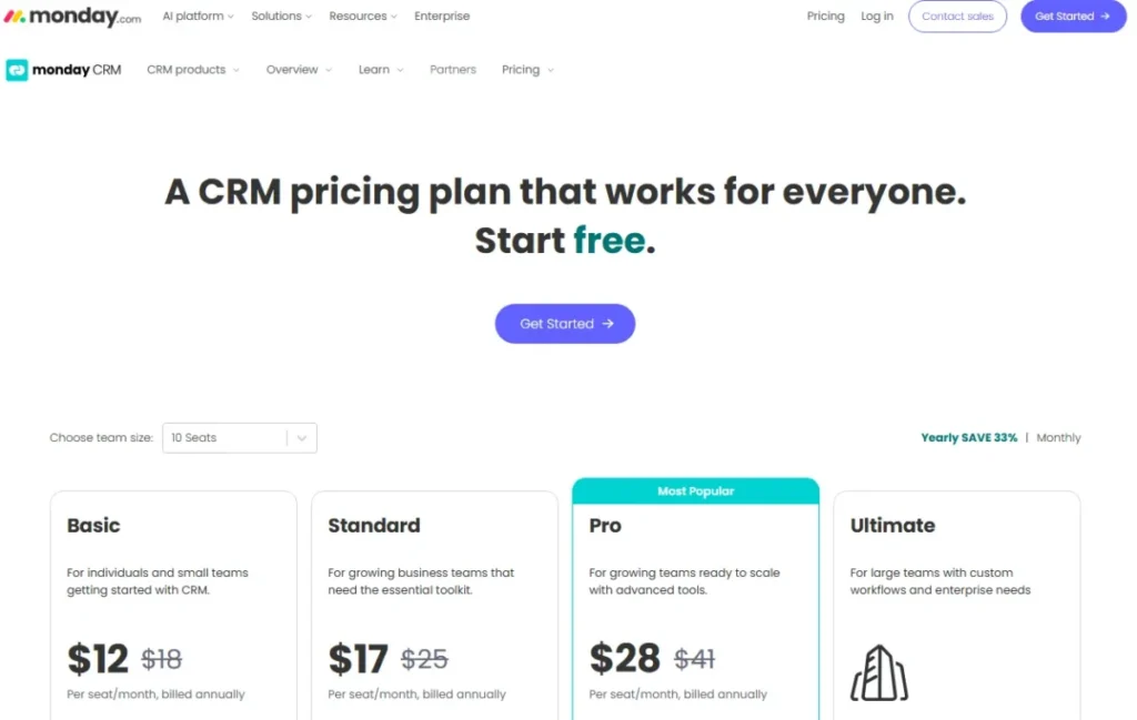 monday CRM pricing page showing Basic, Standard, Pro, and Ultimate annual plans