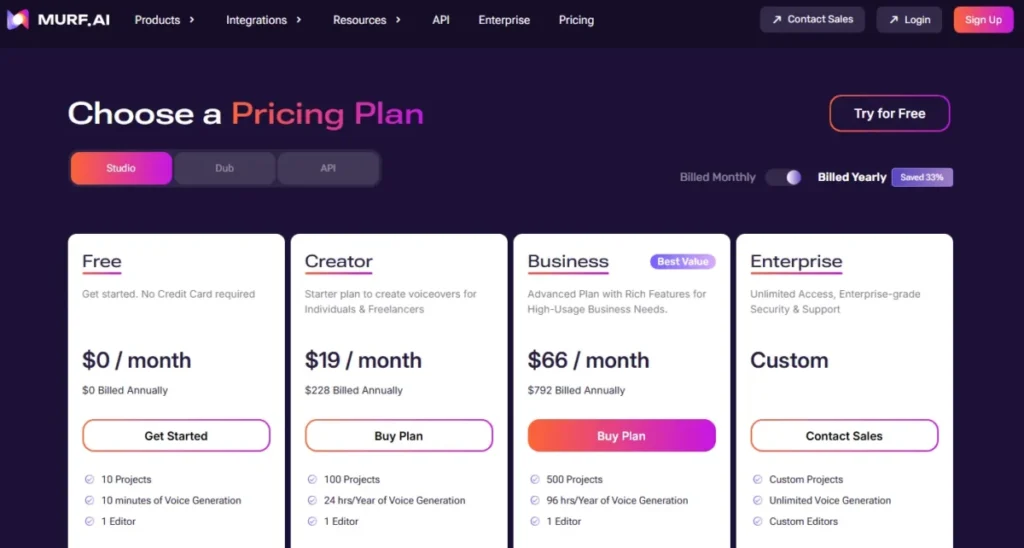 Murf AI Studio pricing page showing Free, Creator, Business, and Enterprise plans with annual billing selected