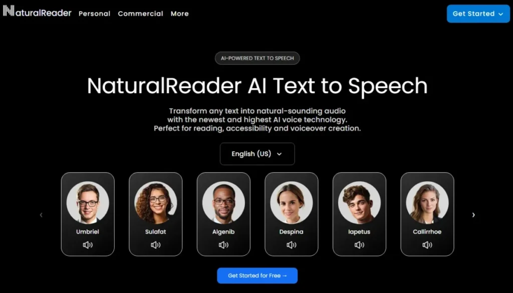 NaturalReader AI Text to Speech page showing English US voice options and commercial voice generation