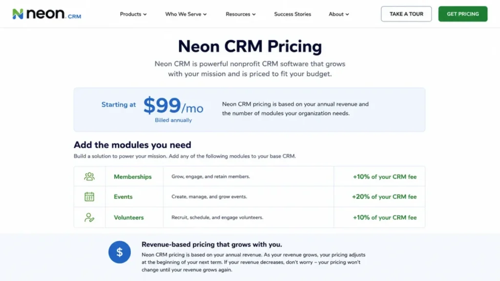 Neon CRM pricing page showing plans from $99 per month and paid Memberships, Events, and Volunteers modules