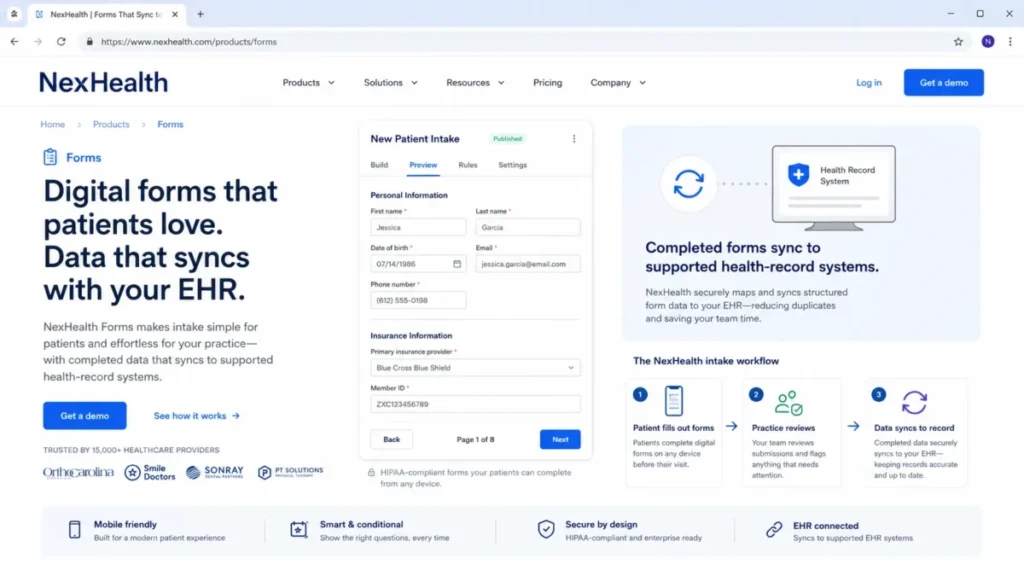 NexHealth digital patient intake forms syncing completed data to supported EHR and health-record systems.