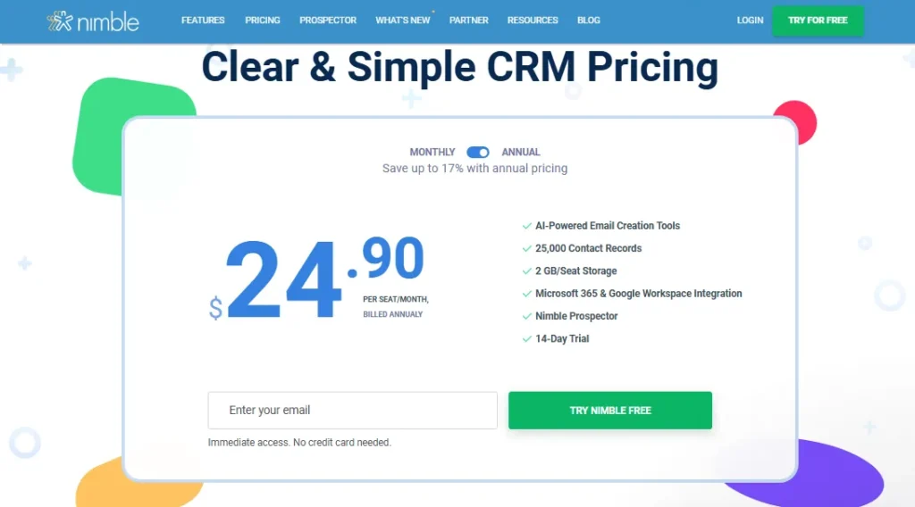 Nimble CRM pricing page showing single annual plan with contact and storage limits