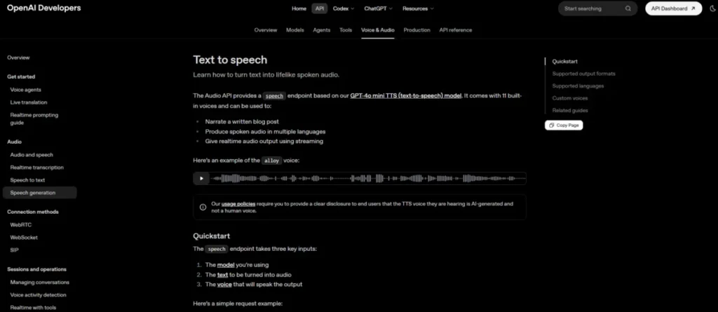 OpenAI text-to-speech API documentation showing the GPT-4o mini TTS model, built-in voices, streaming, and Quickstart guidance