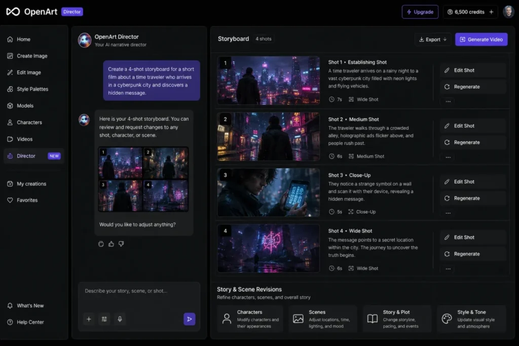 OpenArt Director interface showing a chat-generated four-shot storyboard with per-shot editing and story revision controls