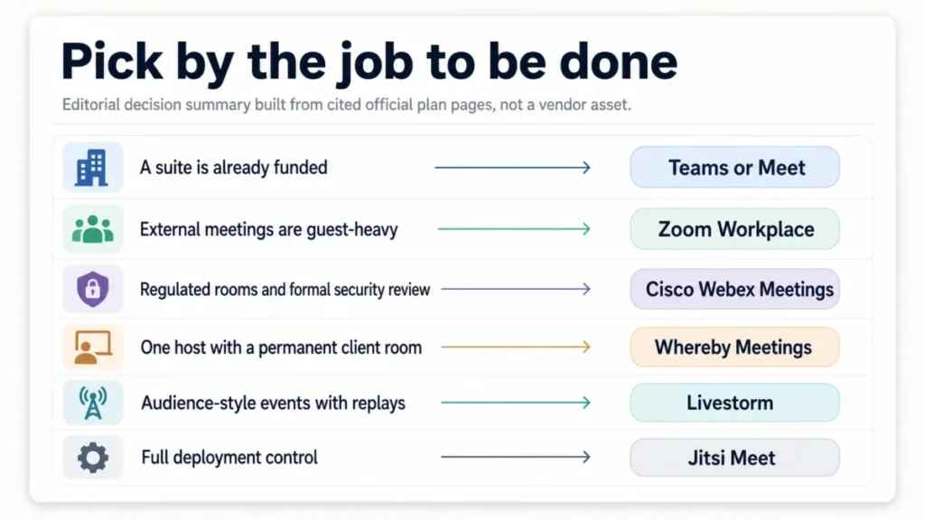 Editorial decision card showing how to choose video conferencing software by use case, routing buyers to Teams or Meet, Zoom Workplace, Cisco Webex Meetings, Whereby Meetings, Livestorm, or Jitsi Meet.