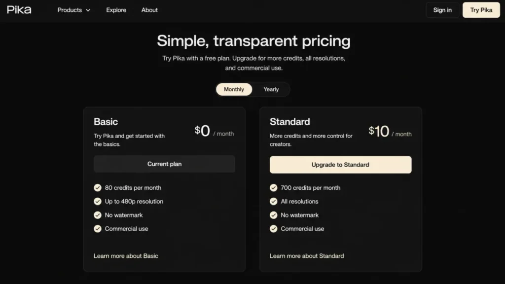 Pika pricing comparison showing Basic with 80 monthly credits and 480p output versus Standard with 700 credits and all resolutions