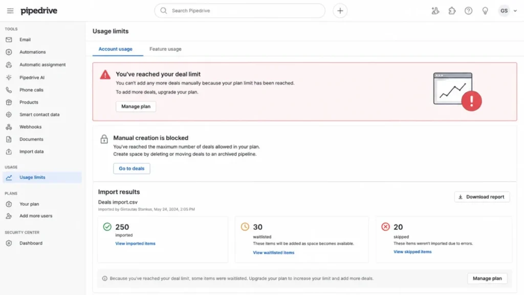 Pipedrive usage limits page showing the deal limit reached, manual deal creation blocked, and imported deals waitlisted or skipped.