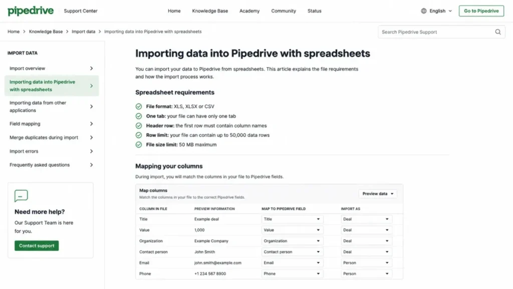 Pipedrive spreadsheet import documentation showing file requirements and column mapping preview