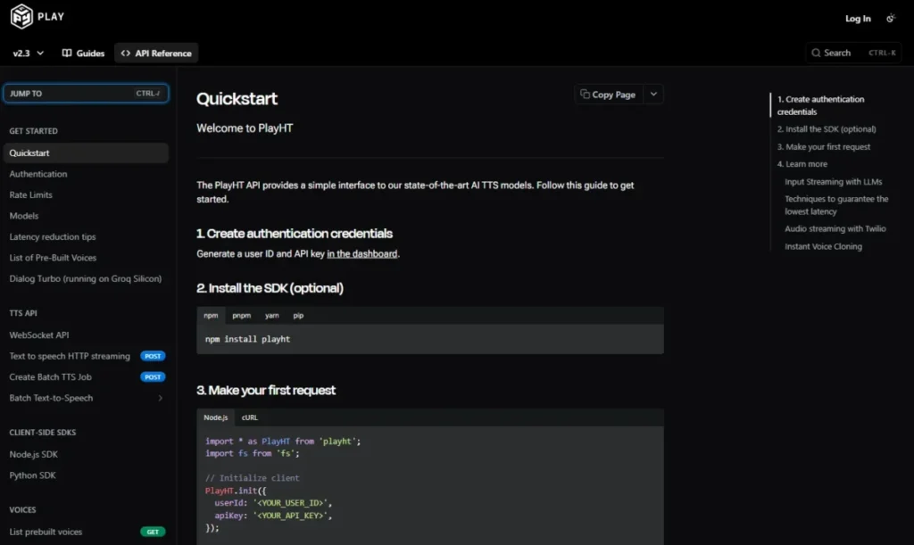 PlayHT API Quickstart documentation showing authentication, SDK installation, and a first text-to-speech request