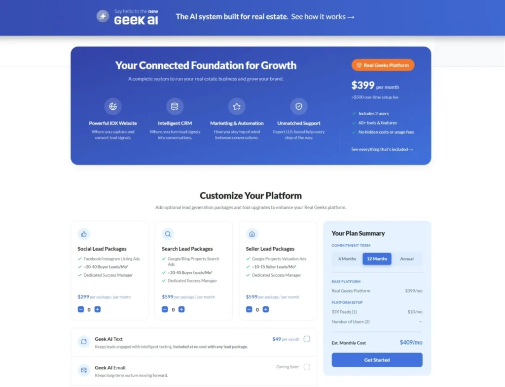 Real Geeks pricing page showing the $399 monthly platform, optional lead packages, and a plan summary estimating $409 per month.