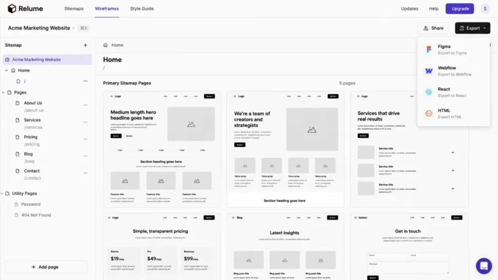 Relume Site Builder showing a website sitemap, generated page wireframes, and export options for Figma, Webflow, React, and HTML.